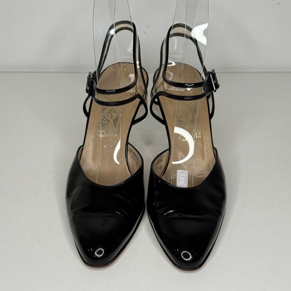 Salvatore Ferragamo Womens Sz 7 4A Black Patent Leather Slingback Clear Strap - Picture 4 of 16